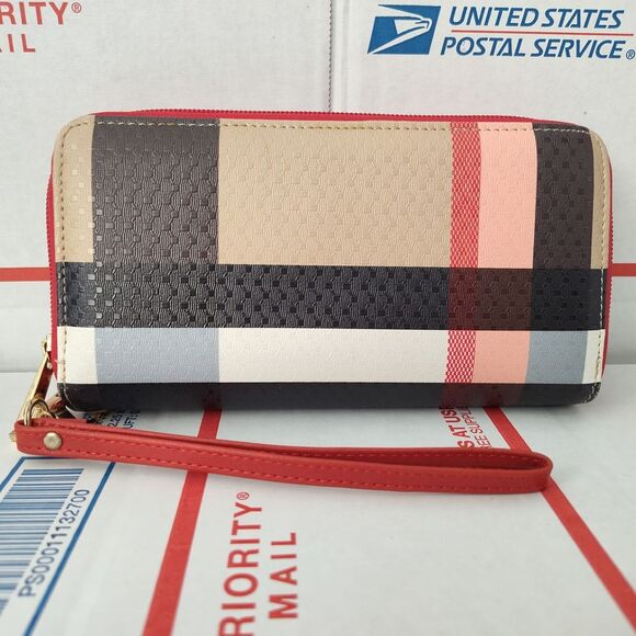 Plaid Multicolor Women's Vegan Leather Wallet With Red Zipper Closure - Picture 2 of 12